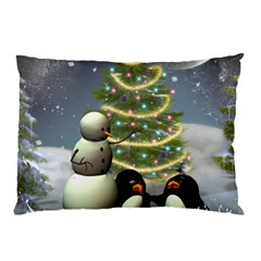 Funny Snowman With Penguin And Christmas Tree Pillow Case by FantasyWorld7