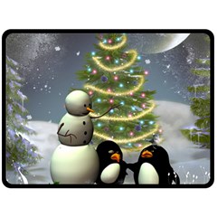 Funny Snowman With Penguin And Christmas Tree Fleece Blanket (large)  by FantasyWorld7