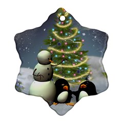 Funny Snowman With Penguin And Christmas Tree Snowflake Ornament (two Sides) by FantasyWorld7