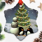 Funny Snowman With Penguin And Christmas Tree Snowflake Ornament (Two Sides) Front