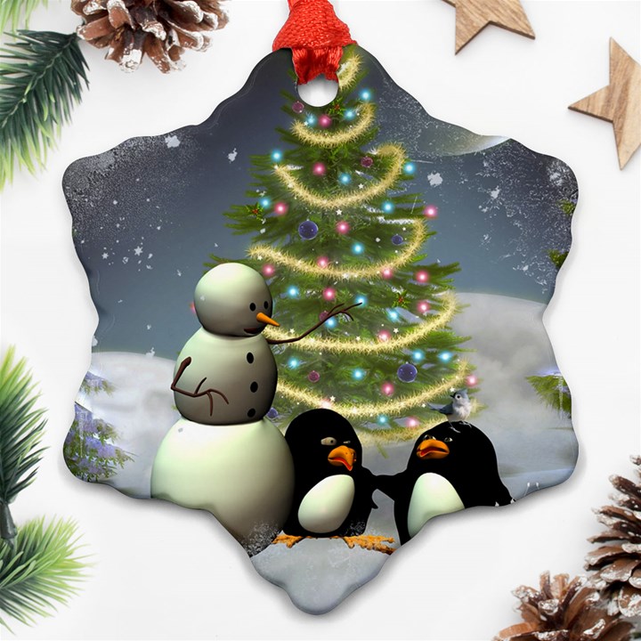 Funny Snowman With Penguin And Christmas Tree Snowflake Ornament (Two Sides)