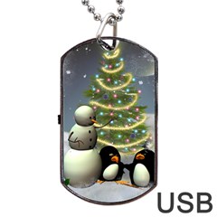 Funny Snowman With Penguin And Christmas Tree Dog Tag Usb Flash (one Side) by FantasyWorld7