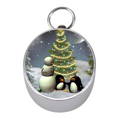 Funny Snowman With Penguin And Christmas Tree Mini Silver Compasses by FantasyWorld7