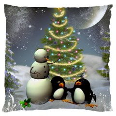 Funny Snowman With Penguin And Christmas Tree Large Flano Cushion Case (two Sides) by FantasyWorld7