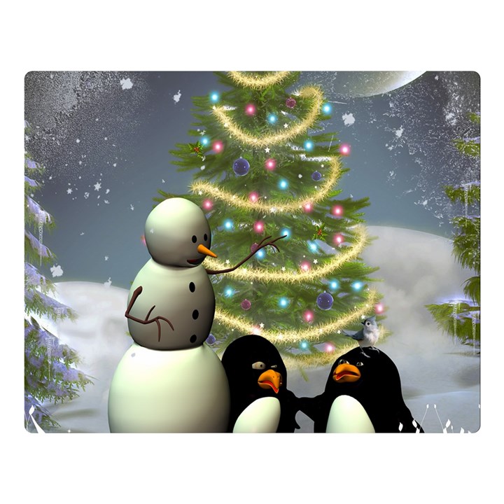 Funny Snowman With Penguin And Christmas Tree Double Sided Flano Blanket (Large) 