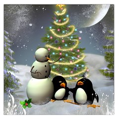 Funny Snowman With Penguin And Christmas Tree Large Satin Scarf (square) by FantasyWorld7