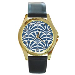 Teal,white,art Deco,pattern Round Gold Metal Watch by NouveauDesign