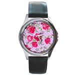 Shabby chic,pink,roses,polka dots Round Metal Watch Front