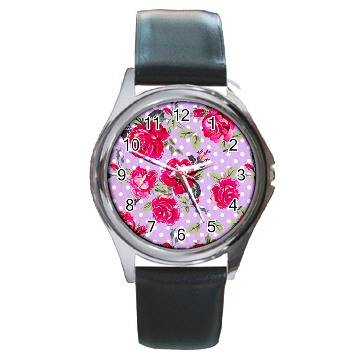 Shabby chic,pink,roses,polka dots Round Metal Watch