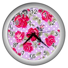 Shabby Chic,pink,roses,polka Dots Wall Clocks (silver)  by NouveauDesign