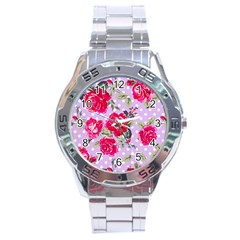 Shabby Chic,pink,roses,polka Dots Stainless Steel Analogue Watch by NouveauDesign