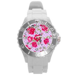 Shabby Chic,pink,roses,polka Dots Round Plastic Sport Watch (l) by NouveauDesign