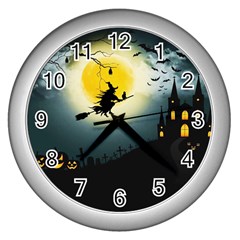 Halloween Landscape Wall Clocks (silver)  by Valentinaart