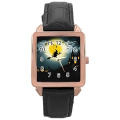 Halloween landscape Rose Gold Leather Watch 