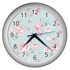 Shabby Chic,pink,roses,polka Dots Wall Clocks (silver)  by NouveauDesign