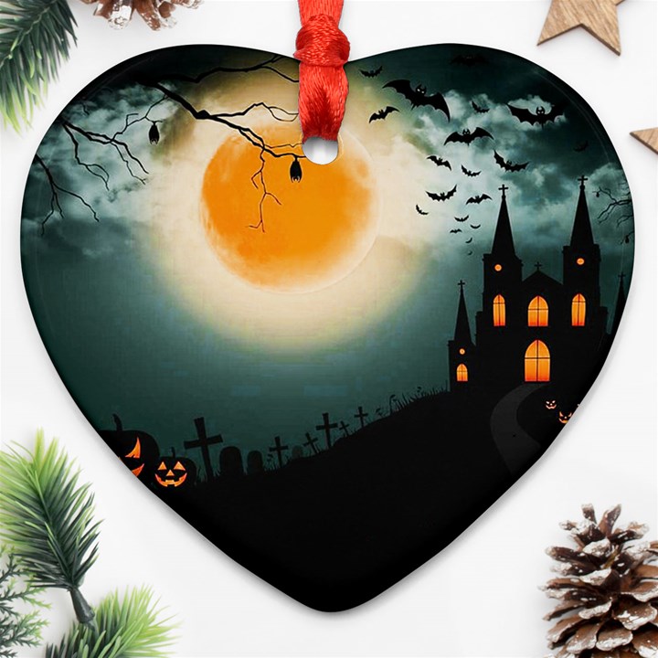 Halloween landscape Heart Ornament (Two Sides)