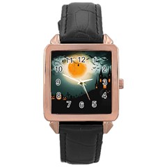 Halloween landscape Rose Gold Leather Watch 