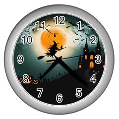 Halloween Landscape Wall Clocks (silver)  by Valentinaart