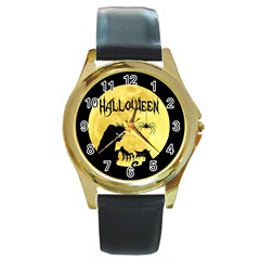 Halloween Round Gold Metal Watch by Valentinaart