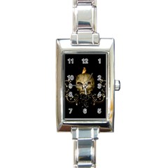 Golden Skull With Crow And Floral Elements Rectangle Italian Charm Watch by FantasyWorld7