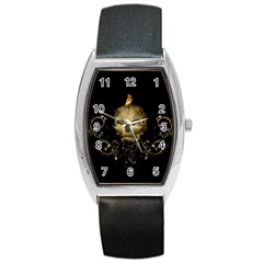 Golden Skull With Crow And Floral Elements Barrel Style Metal Watch by FantasyWorld7