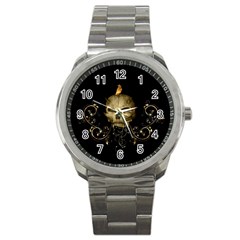 Golden Skull With Crow And Floral Elements Sport Metal Watch by FantasyWorld7