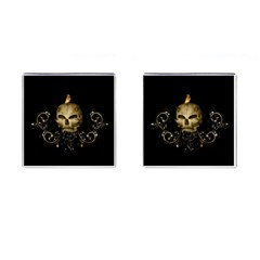 Golden Skull With Crow And Floral Elements Cufflinks (square) by FantasyWorld7