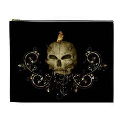 Golden Skull With Crow And Floral Elements Cosmetic Bag (xl) by FantasyWorld7