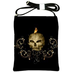 Golden Skull With Crow And Floral Elements Shoulder Sling Bags by FantasyWorld7