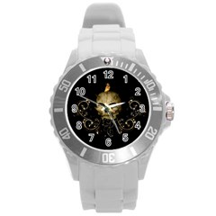 Golden Skull With Crow And Floral Elements Round Plastic Sport Watch (l) by FantasyWorld7