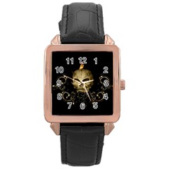 Golden Skull With Crow And Floral Elements Rose Gold Leather Watch  by FantasyWorld7