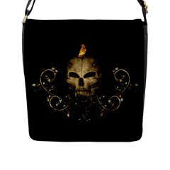 Golden Skull With Crow And Floral Elements Flap Messenger Bag (l)  by FantasyWorld7