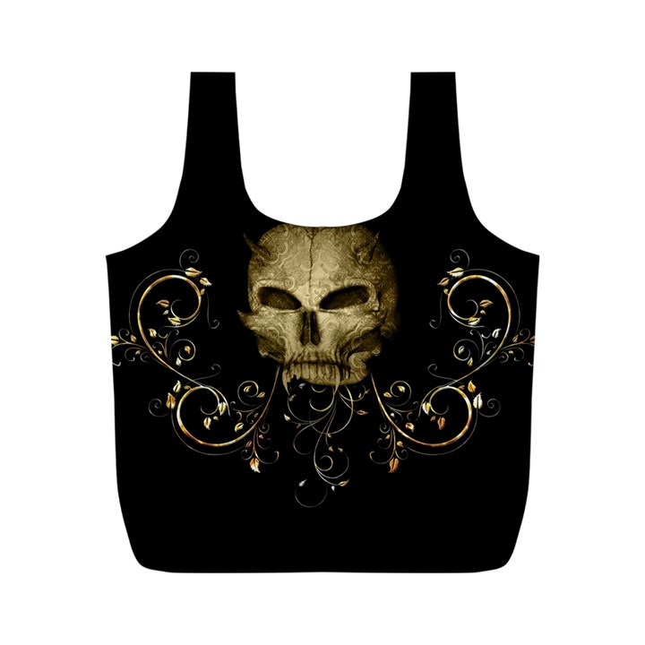 Golden Skull With Crow And Floral Elements Full Print Recycle Bags (M) 