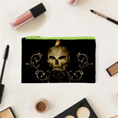 Golden Skull With Crow And Floral Elements Cosmetic Bag (xs) by FantasyWorld7