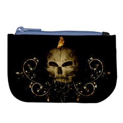 Golden Skull With Crow And Floral Elements Large Coin Purse by FantasyWorld7