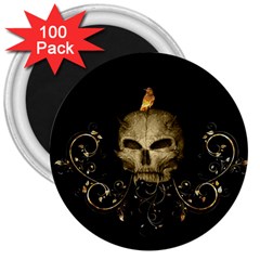 Golden Skull With Crow And Floral Elements 3  Magnets (100 Pack) by FantasyWorld7