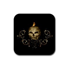 Golden Skull With Crow And Floral Elements Rubber Coaster (square)  by FantasyWorld7