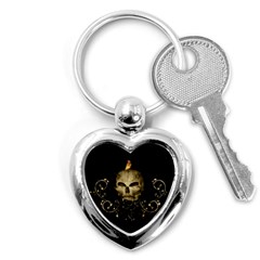 Golden Skull With Crow And Floral Elements Key Chains (heart)  by FantasyWorld7