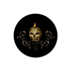 Golden Skull With Crow And Floral Elements Rubber Round Coaster (4 Pack)  by FantasyWorld7