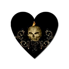 Golden Skull With Crow And Floral Elements Heart Magnet by FantasyWorld7