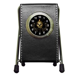 Golden Skull With Crow And Floral Elements Pen Holder Desk Clocks by FantasyWorld7