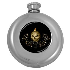 Golden Skull With Crow And Floral Elements Round Hip Flask (5 Oz) by FantasyWorld7