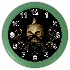 Golden Skull With Crow And Floral Elements Color Wall Clocks by FantasyWorld7