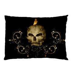 Golden Skull With Crow And Floral Elements Pillow Case by FantasyWorld7