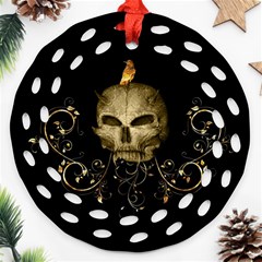 Golden Skull With Crow And Floral Elements Round Filigree Ornament (two Sides) by FantasyWorld7