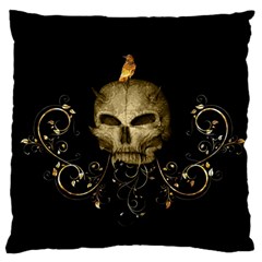 Golden Skull With Crow And Floral Elements Large Cushion Case (two Sides) by FantasyWorld7