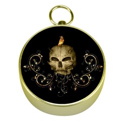 Golden Skull With Crow And Floral Elements Gold Compasses by FantasyWorld7