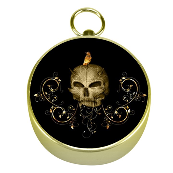 Golden Skull With Crow And Floral Elements Gold Compasses