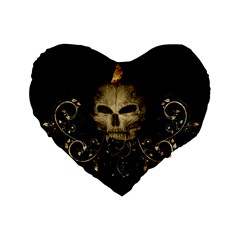 Golden Skull With Crow And Floral Elements Standard 16  Premium Flano Heart Shape Cushions by FantasyWorld7