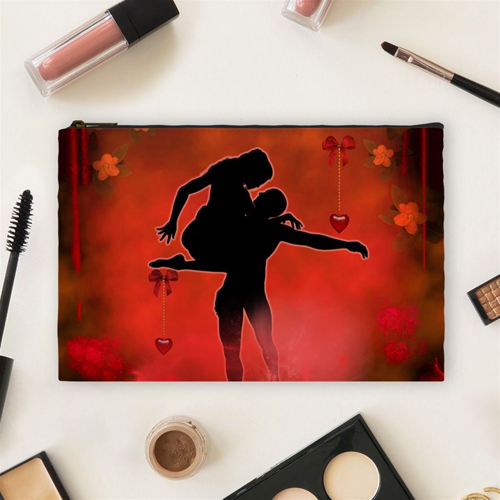 Dancing Couple On Red Background With Flowers And Hearts Cosmetic Bag (Large) 